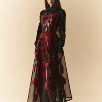 Abito longuette in organza trasparente con spalmature in lattice rosso rubino