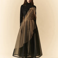 Abito longuette nero senza spalline in organza e tulle con ricami in lattice