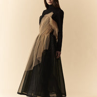 Abito longuette nero senza spalline in organza e tulle con ricami in lattice