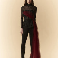 Corsetto nero in organza con drappeggio in tulle rosso sangue