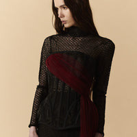 Corsetto nero in organza con drappeggio in tulle rosso sangue