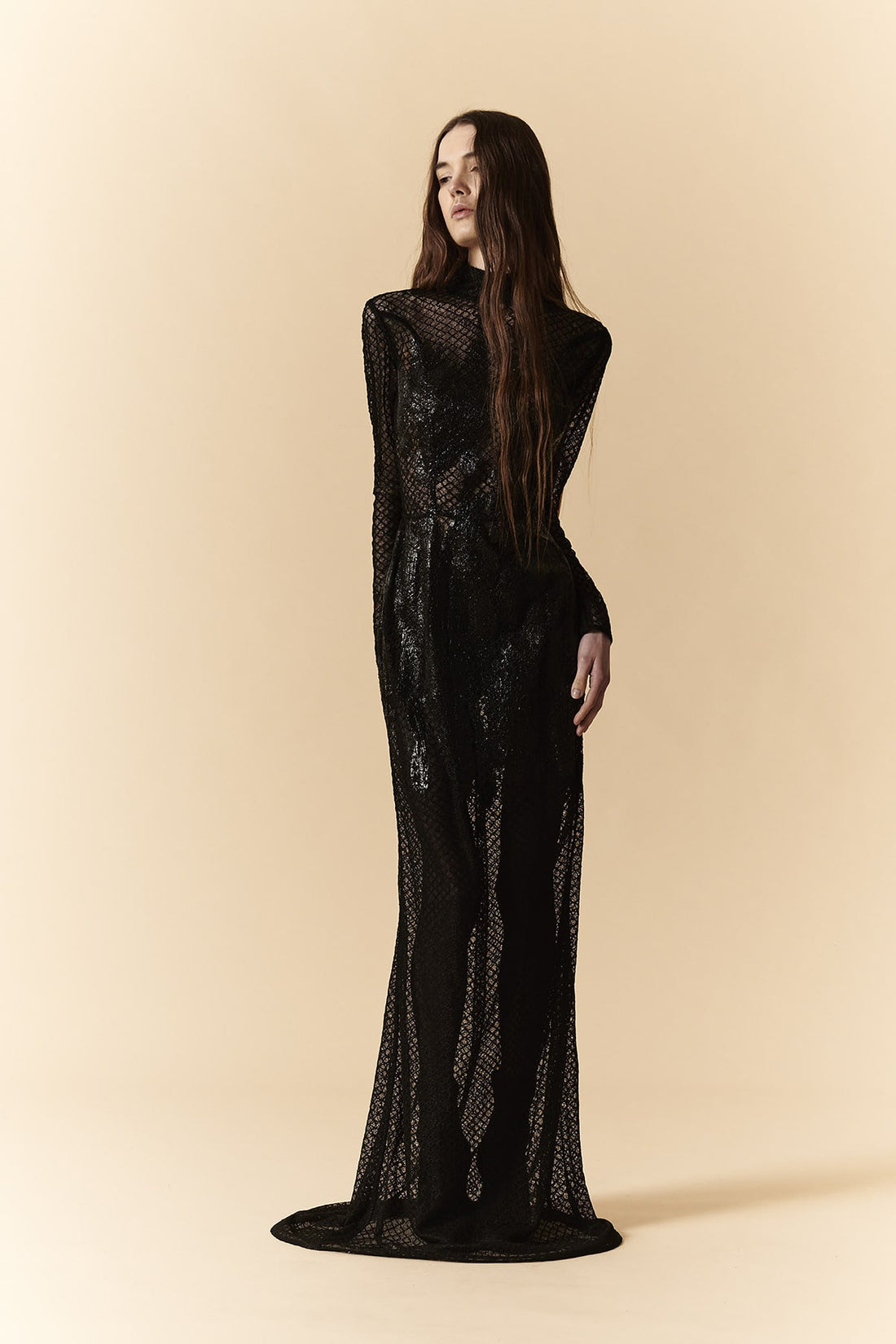 Abito lungo nero in tulle con collo dolcevita e spalmature in lattice