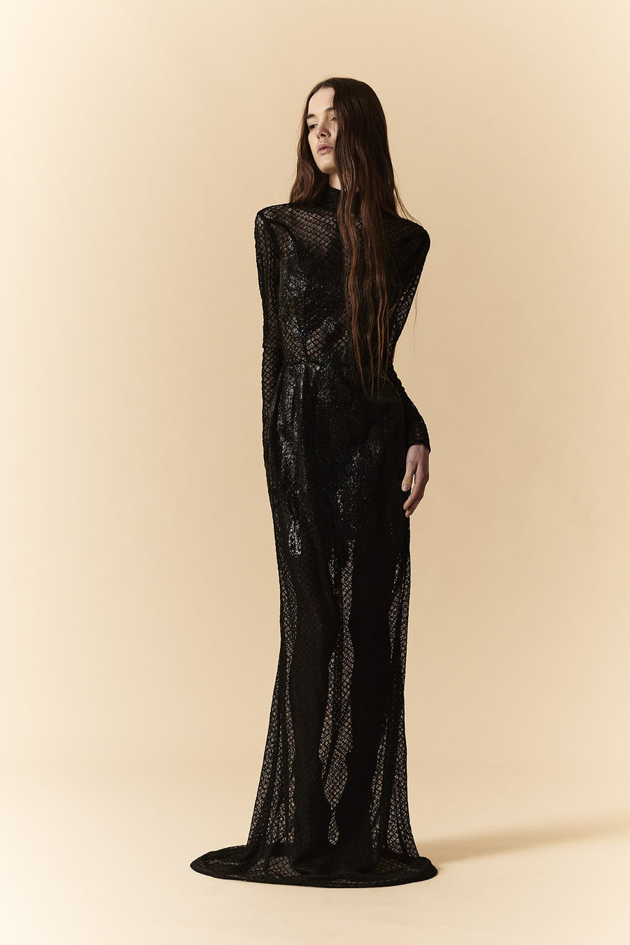 Abito lungo nero in tulle con collo dolcevita e spalmature in lattice