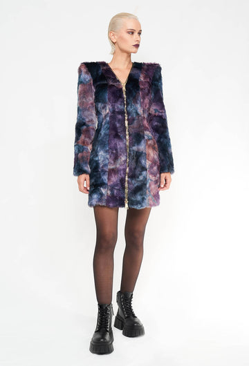 Abito corto in pelliccia con maxi zip oro